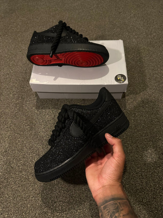 Air Force 1 Black Glitter | Rope Lace | Red Bottoms